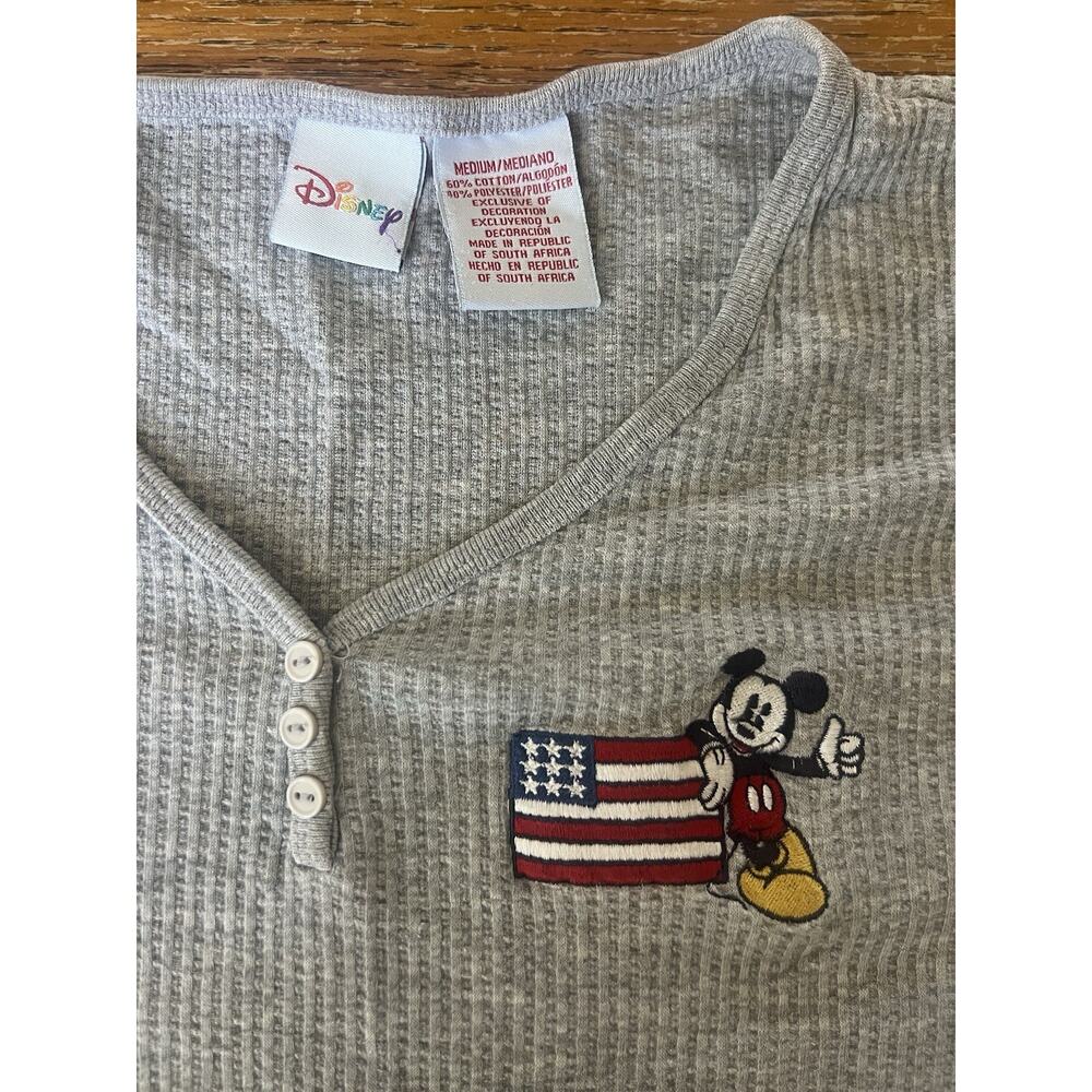 Vintage Disney Mickey Mouse Henley T Shirt Women's Large USA Flag Ribbed Tee - Picture 2 of 6